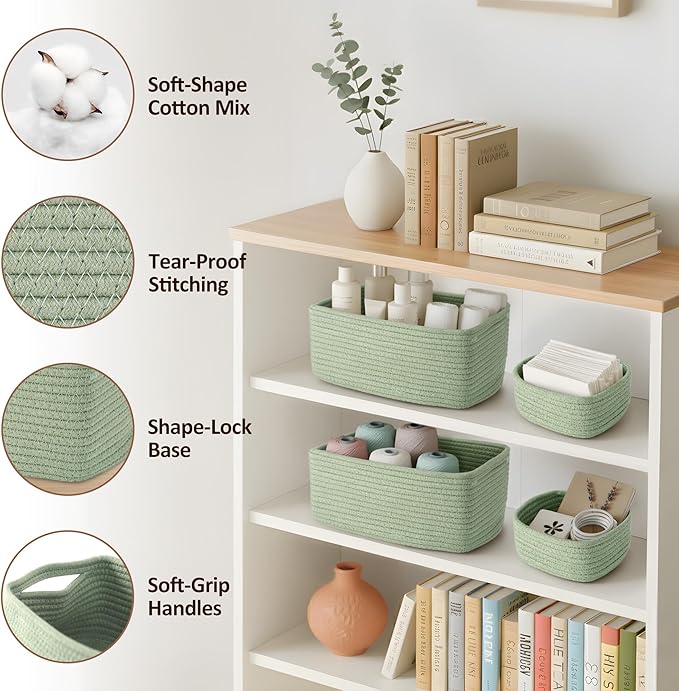 5-Pack Small Woven Rope Storage Baskets, 2 Sizes Organizer Bins | Fabric Cube Boxes and Rectangular Shallow Bins for Closet, Shelf, Bookshelf, Nursery, Changing Table, Bathroom, Toys & Home