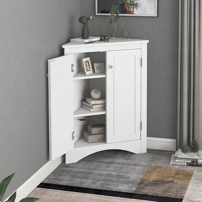 Corner Storage Cabinet with Adjustable Shelves, Triangle Bathroom & Kitchen Organizer, Freestanding Floor Cabinet for Toilet Kitchen Bathroom Cleaning Supplies (White)
