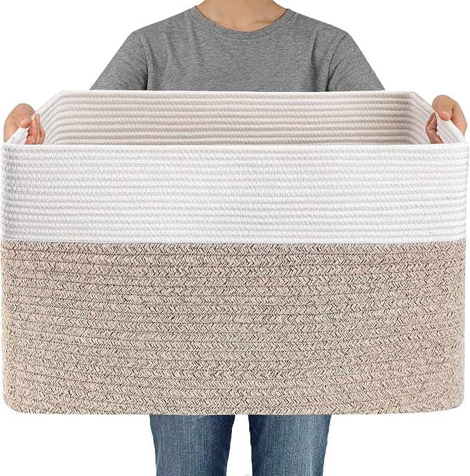 JMvicyroam Woven Blanket Basket,65L Large Storage Bin for Blankets Toys Clothes,Decorative Rope Basket for Living Room Bedroom with Handles, White&Oatmeal