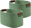 ECDYQXVU 15x10x9" Woven Cotton Rope Storage Basket, Leather Handles 2 Pack | Foldable Design, Sturdy PU Handles, Easy to Clean Organizer for Living Room, Closet, Shelves, Bedroom, Laundry, Clothes