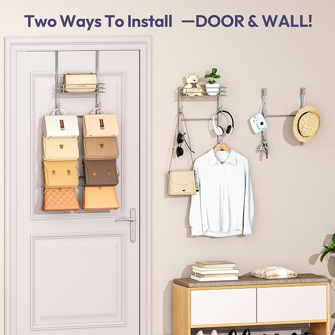 SWTYMIKI Over The Door Purse Organizer - Wall Mounted Handbag Organizer with 10 Hooks and Metal Basket, Hanging Purse Storage Rack Holds up to 10 Bags, Bag Rack Can Use As 1/2 Part, for Door, Closet