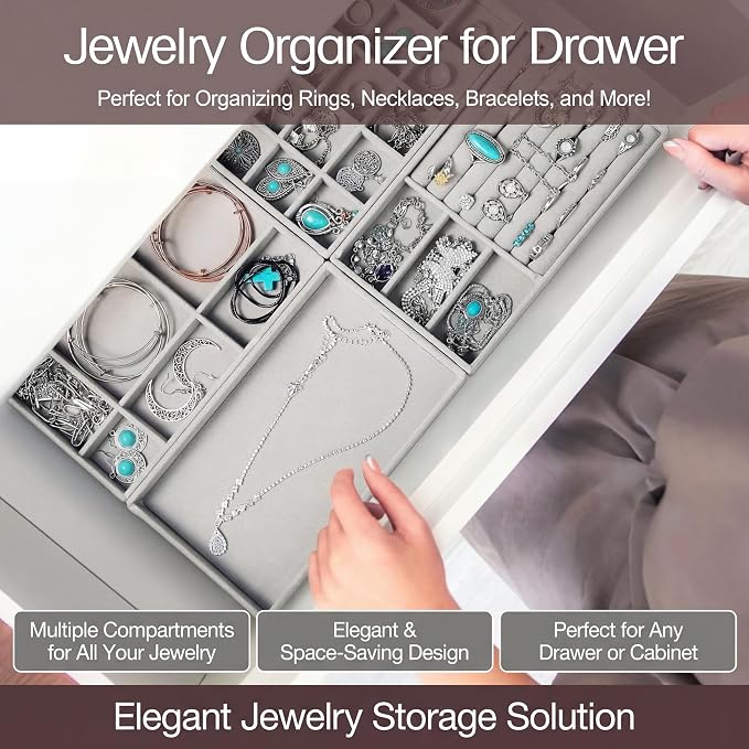 Kenning 16 Pcs Jewelry Organizer for Drawer Stackable Trays Insert with Compartments 8.3x5x1 Small Velvet Storage Holder Closet Vanity Dresser Box Divider Ring Earring Display Wedding Gift for Women