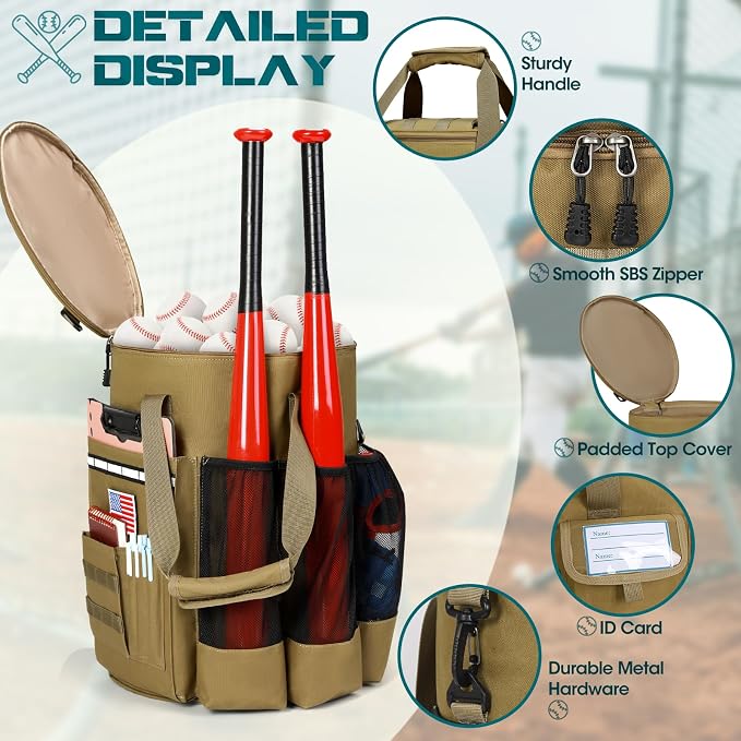 RAINSMORE Baseball Bucket Bag Baseball Coaches Accessories Organizer with Insulation Pocket Tactical Softball Bag with Anti-Slip Bottom, Multiple Pockets for Bat, Gloves, Scoreboards