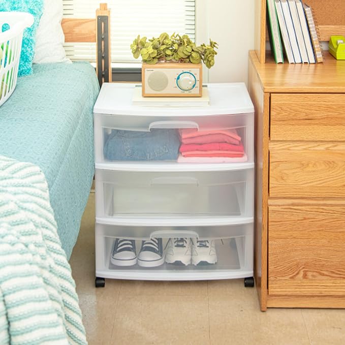 Sterilite Wide 3 Drawer Storage Cart, Plastic Rolling Cart with Wheels to Organize Clothes in Bedroom, Closet, White with Clear Drawers, 1-Pack