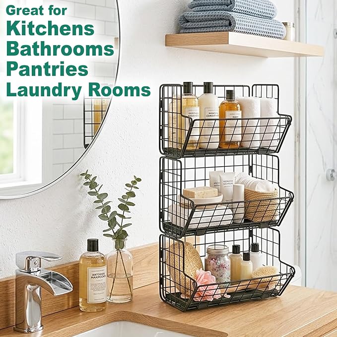 3-Tier Fruit Basket for Kitchen, 2-in-1 Countertop & Over Cabinet Door Hanging Organizer, Heavy Duty Fruit & Vegetable Storage Rack with Anti-Slip Liners, No Drilling