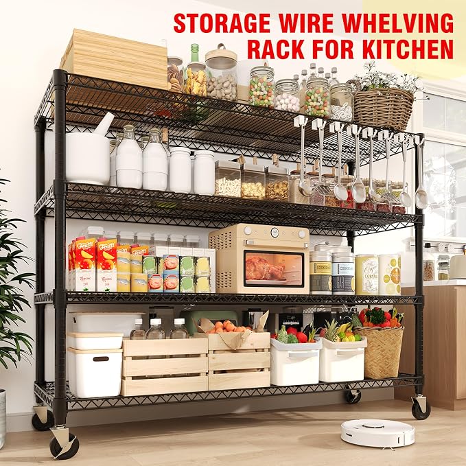 Garvee 4-Tier Metal Shelving with 4" Wheels, 2640LBS Storage Shelves | 71.8"Hx59"Wx17.7"D, Heavy Duty, Wire Shelving Units, Adjustable, Garage Storage Rack, for Kitchen Basement Pantry