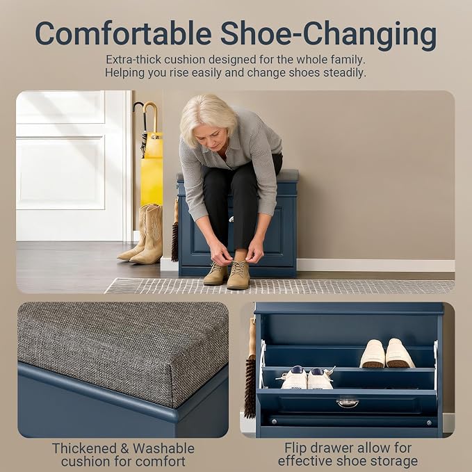 Haotian Small Shoe Storage Bench for Entryway | Narrow Shoe Bench with 1 Flip-Drawer and Seat Cushion, Mini Shoe Rack Hallway Entrance Mudroom, Navy Blue