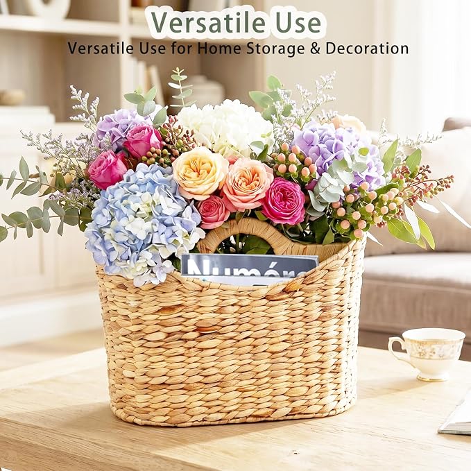 Magazines Holder - Wicker Magazine Rack, Handwoven Magazine Holders for Bathroom, Magazine Organizer for Books, Newspaper, Water Hyacinth Magazine Basket with Handle, 14x11.5x6.7inch