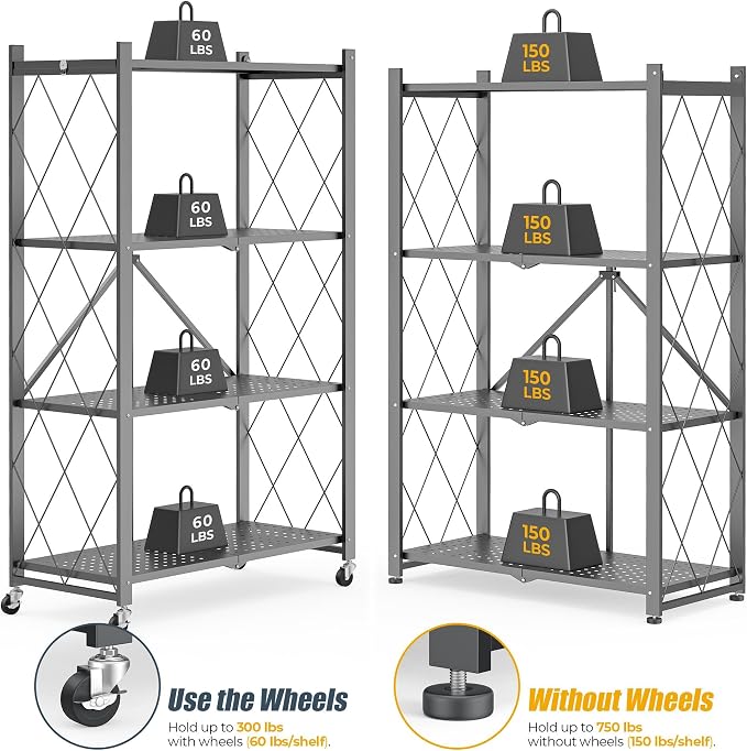 Fenbeli 4 Tier Folding Storage Shelf with Wheels, Heavy Duty Metal Shelving Unit No Assembly, Foldable Rolling Storage Rack 600 LBS Capacity, Locking Casters for Garage Kitchen Pantry(Gray, 4 Tier)
