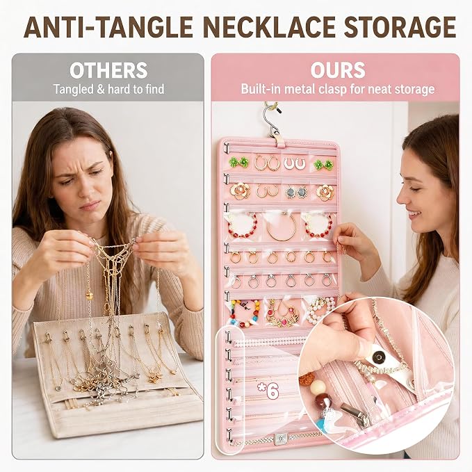 32-Pocket Hanging Jewelry Organizer and Foldable Travel Roll | Clear Zippered Pockets, Necklace Clasps, Swivel Hook and Carry Buckle Keep Pieces Visible and Tangle-Free, Pink