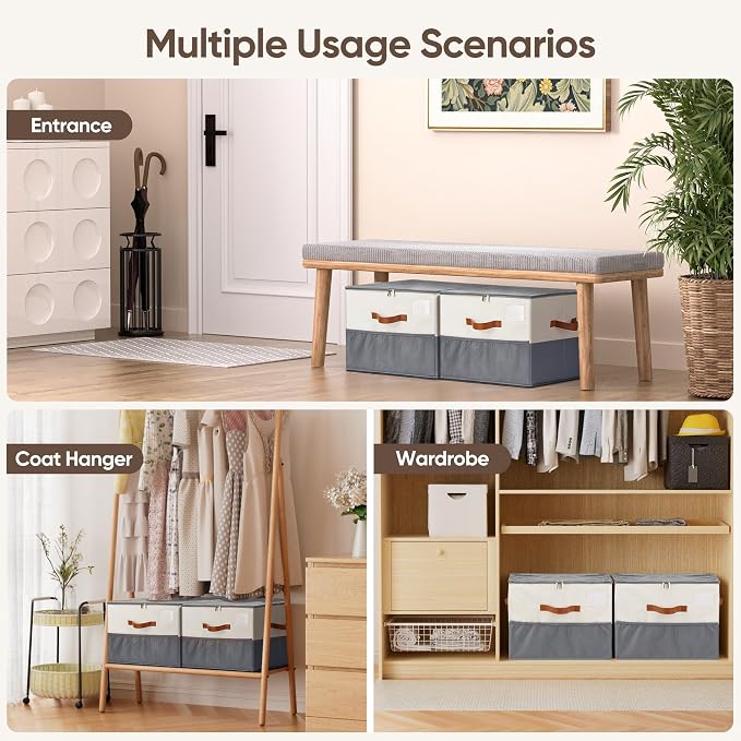Shoe Organizer for Closet, 1 Pack Shoe Storage Container with Adjustable Dividers, Space Saving Shoe Box Storage Organizer Bin with Clear Lid and 4 Handles, Fits 8-16 Pairs, Beige & Grey