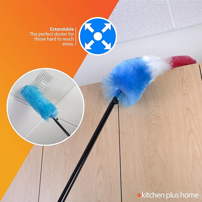 Kitchen + Home Large 27" Inch Static Duster with Bonus 35" Inch Extension Pole - Electrostatic Feather Duster attracts dust Like a Magnet! - Assorted Colors Will Ship