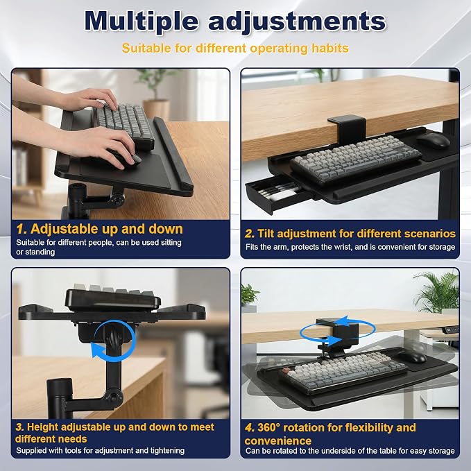 Adjustable Under Desk Keyboard Tray with Drawer, 25"×10.6" Ergonomic 360° Rotating Keyboard Stand with Wrist Rest, Clamp On Keyboard Tray and Mouse for Office Gaming Studying