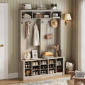Wodeer Hall Tree with Bench and Shoe Storage, 53" Farmhouse 4-in-1 Mudroom Storage Organizer with Coat Rack, 6 Hooks, 12 Shoe Cubbies, Adjustable Shelf, for Entryway, Hallway, Living Room, Grey