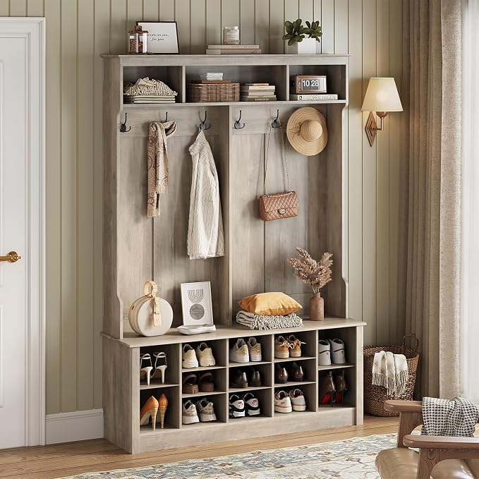 Wodeer Hall Tree with Bench and Shoe Storage, 53" Farmhouse 4-in-1 Mudroom Storage Organizer with Coat Rack, 6 Hooks, 12 Shoe Cubbies, Adjustable Shelf, for Entryway, Hallway, Living Room, Grey