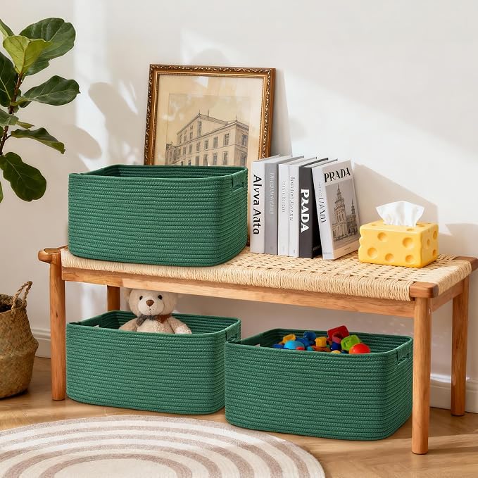 3 Pack Large Storage Basket for Organizing, 17.5"x13"x7" Woven Basket for Shelves, Closet Cube Storage Bins with Wrapped Handle, Cotton Rope Baskets for Kitchen, Clothes, Toys(Green)