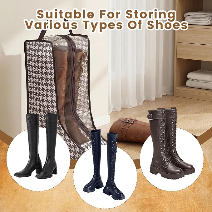 4 Pcs Boot Bags with Handles for Cowboy Boots Houndstooth Shoe Dust Proof | Boot Storage Organizer Tall Boots, Travel Shoes Organizer for Packing, Daily Use, Home Closet Organization
