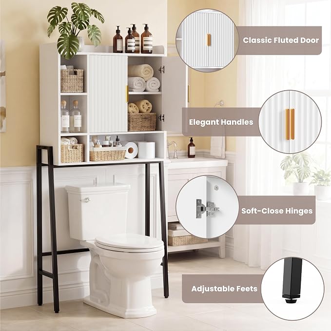 31" W Over The Toilet Storage Cabinet with Fluted Door,Bathroom Organizers and Storage with Adjustable Shelves, Mordern Over Toilet Organizer for Bathroom,Restroom,Laundry,White