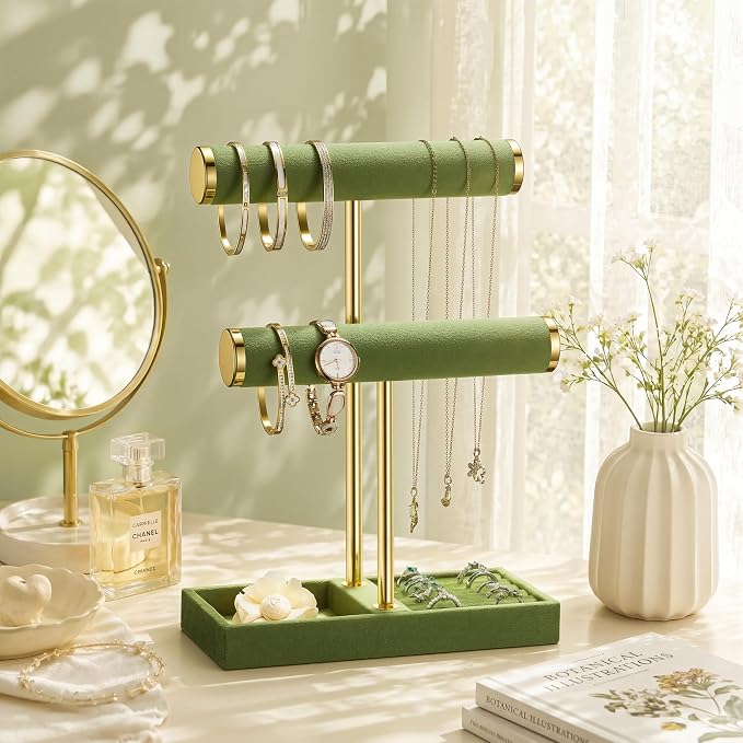 bussdis 2 Tier Bracelet Holder Display - Detachable T Bar Green Velvet Bracelet Holder, Jewelry Holder Organizer for Bracelet, Necklace, Earrings, Rings