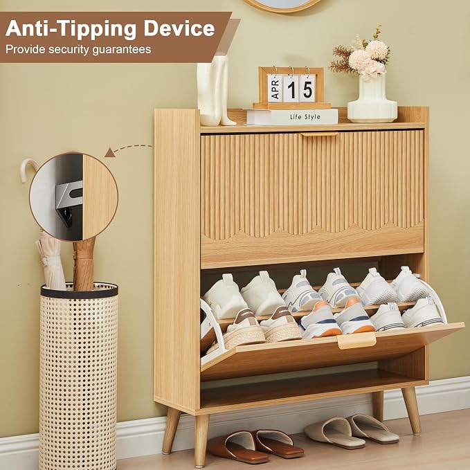 BERRYMERRY 30" Narrow Shoe Storage Cabinet with 2 Flip Drawers and Wave Fluted Design for Hallway Entryway Living Room Foyer (Fluted Natural 2 Drawer)