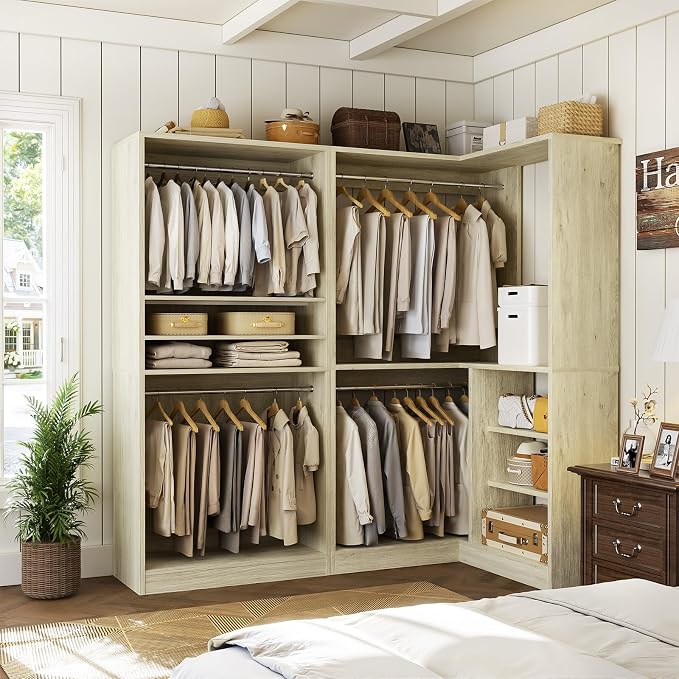 Unikito Corner Closet System, 72" L-Shaped Closet Organizer with 4 Hanging Rods, Freestanding Walk-in Closet Storage Tower for Bedroom, White Oak