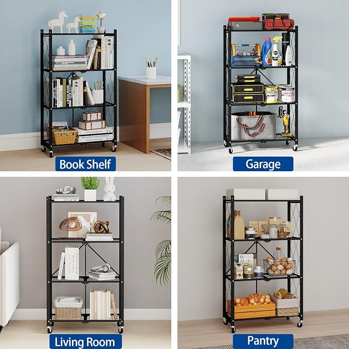 4 Tier Foldable Storage Shelves with Wheels -No Assembly Metal Folding Shelves Collapsible Shelving Unit Display Heavy Duty Rolling Shelf for Home Kitchen Office Room (Black, 50" x 13" x 27")