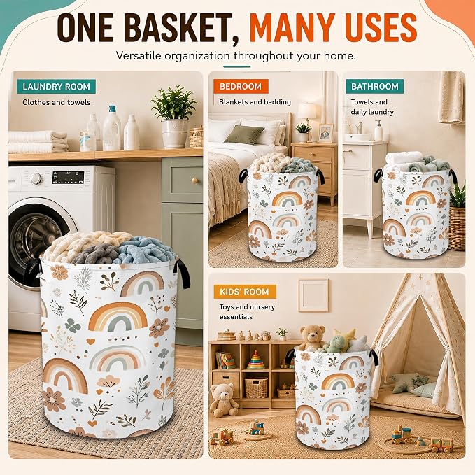 Rainbow Flowers Laundry Basket,Boho Large Collapsible Portable Round Laundry Hamper with Handles,Oxford Storage Bin for Clothes,Blankets,Bedroom,Bathroom