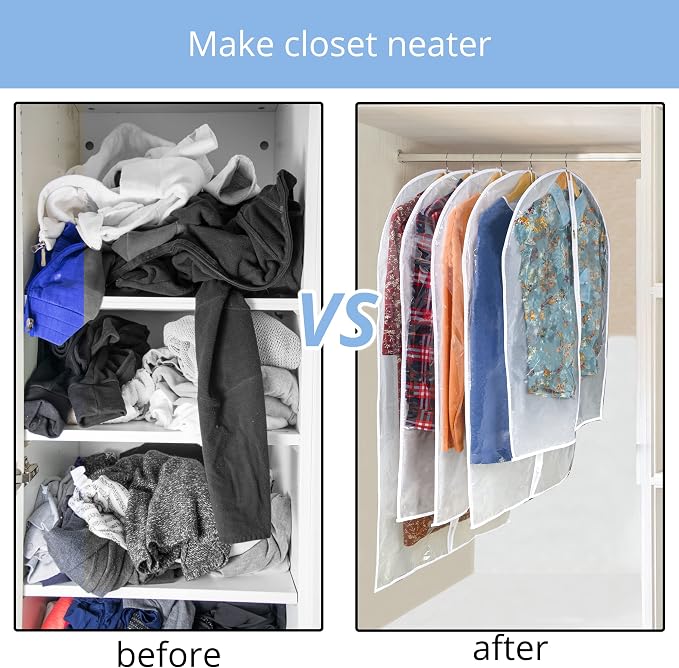 Clear Garment Bag Suit Bags for Closet Storage, Vinyl Garment Bags for Hanging Clothes, Short Hanging Bags Coat Covers for Closet with Zipper - 24'' X 32''/6 Pack