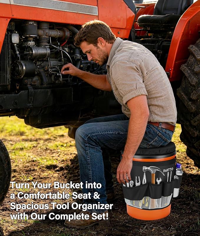 PAHTTO 5 Gallon Bucket Seat,Tool Organizer Bag & Bucket Seat Lid | Silent 360° Swivel Bucket Chair, for Camping, Fishing, Gardening, Yard Work, Hunting(Bucket and Tools Not Included)