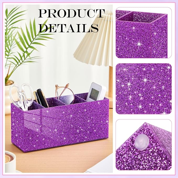 Jetec Acrylic Glitter Purple Pen Holder 4 Compartments Bling Makeup Brush Stationery Organizer Pencil Holder for Desk Accessories Sparkly Gifts for Women Back to School Birthday Desktop Office