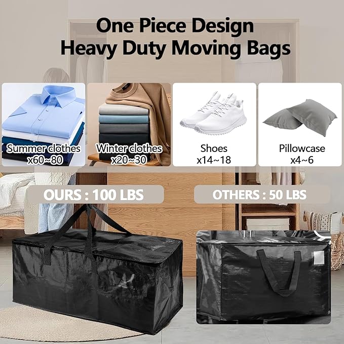 10 Pack Waterproof Moving Bags with Strong Zippers and Reinforced Handles, Real 100lb Capacity Extra Heavy Duty Large Storage Totes for Packing & Moving Storing, Alternative to Moving Boxes -95L,Black