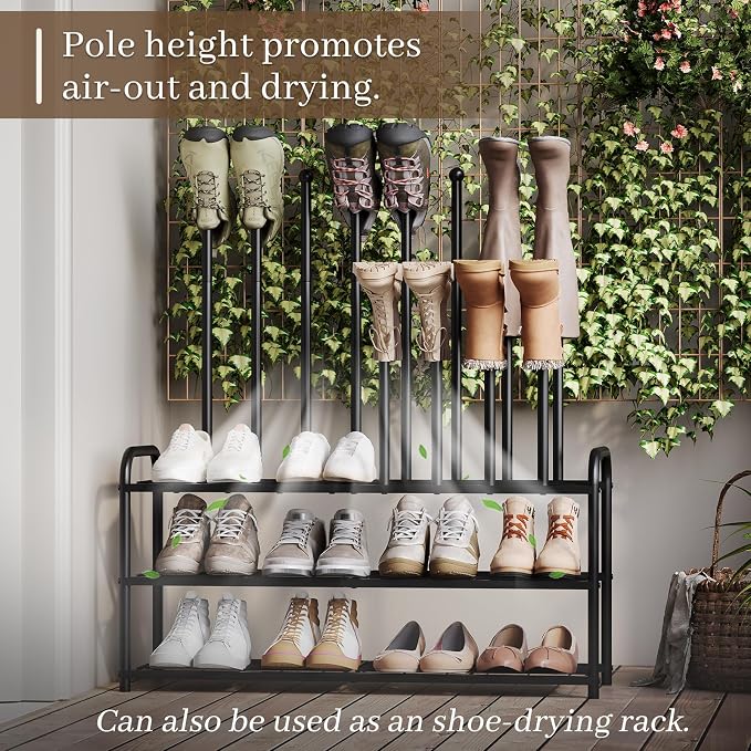 Kitsanery Shoe Rack, 100% Metal Boot Rack Organizer for Entryway, Closet & Garage, Free Standing Shoe Shelf for Storage Tall Boots, Sneakers, Cowboy Boots, Black (Large - 8 Pairs)