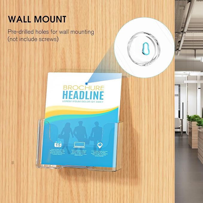 KTRIO Acrylic Brochure Holder 6 x 9, 2 Pack Bi-fold Flyer Display Stand | Desktop/Wall-Mount, Clear Plastic Stand Fits 6" Wide Magazines, Pamphlets, Booklets, Journals, Menus, Business Papers