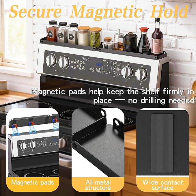Magnetic Stove Top Shelf for 30" Stoves, Over Oven Spice Rack Organizer, Heavy-Duty Steel, Dual Installation with Magnet or Adhesive, Heat-Resistant Kitchen Storage Shelf (Standard Version)