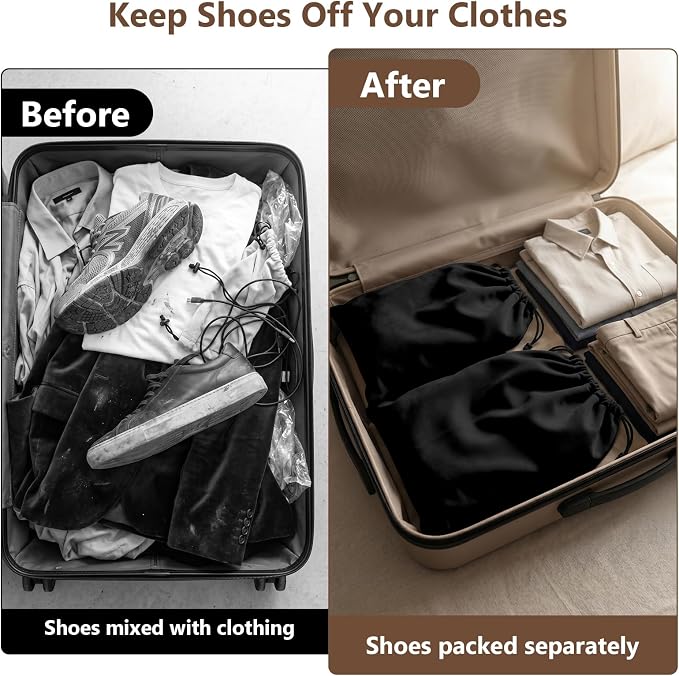 Upgraded Shoe Bags for Travel, 6 Pack Soft Flannel/Cloth/Fabric | Large 17.7 x 13.8 Inches | Fits One Pair of Shoes up to Men's US Size 13 | Washable & Reusable | Ideal for Suitcase Packing