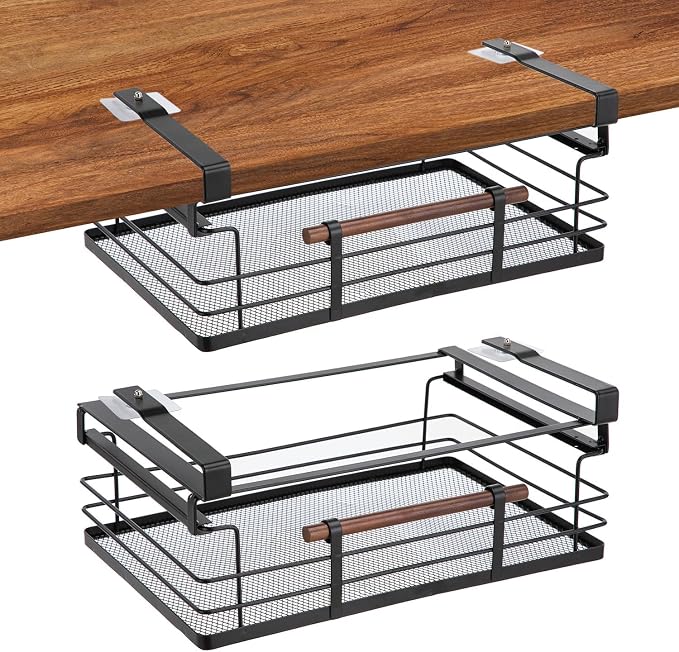 Home Zone Living Pull-Out Kitchen Cabinet Under Shelf Drawer Organizer | Steel Mesh Basket Frame with Wooden Handle, 17" x 11" x 7", Black