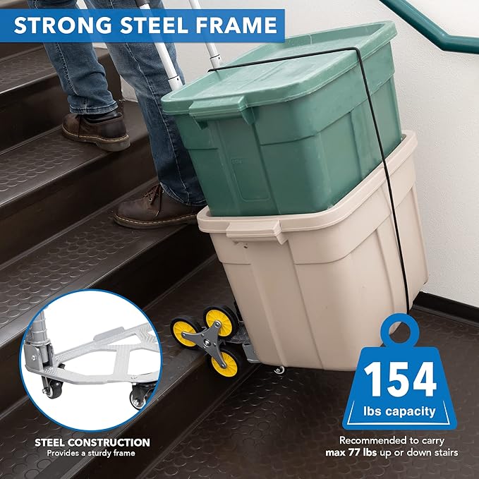 Mount-It! Stair Climber Hand Truck Dolly with Tri-Wheel Design, 154 lb Capacity, Foldable Steel Frame, Adjustable Handle, Rubber Wheels, Pre-Assembled for Stair and Flat Use