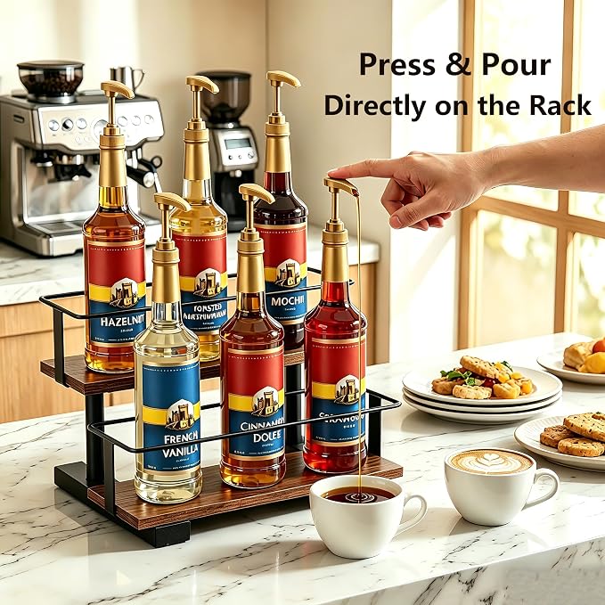 2-Tier Coffee Syrup Rack with High Rails, Holds 6 Bottles | Space-saving stepped shelf with wood & metal, high guardrail, liquor, spice jars & essential oils.