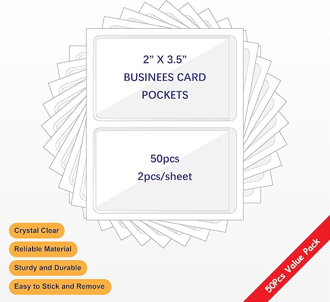 IMAGAME Clear Adhesive Business Card Pockets, 50 Pack | Side Open for Loading, Plastic Labels Holders, For Storage Bins and Library Card, Organizing and Protecting Business Cards