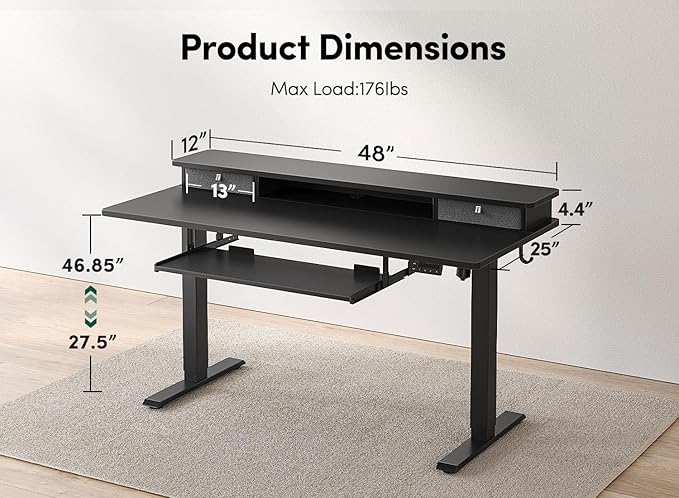 CubiCubi 48" x 24" Standing Desk with Drawers and Keyboard Tray, Electric Height Adjustable Workstation, Computer Sit Stand Up Office Table with Large Monitor Shelf, Black