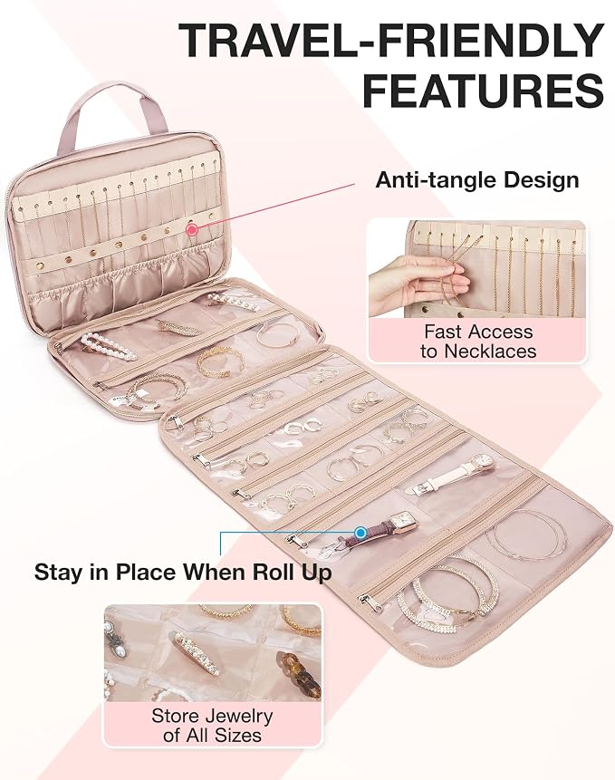 BAGSMART Travel Jewelry Organizer Case Portable Jewelry Roll Bag Tangle-free Necklace Storage, Foldable Transparent Zipper Pockets for Rings, Earrings, Bracelet, Travel Essentials, Black