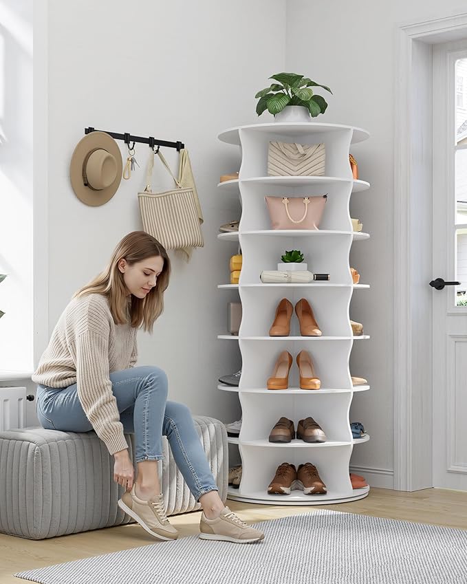 Kitsure Shoe Rack - 7-Tier Rotating Shoe Rack Tower, 360° Revolving Display & Storage Solution with Lazy Susan, Space-Saving Shoe Rack for Entryway, Closet, Bedroom, White