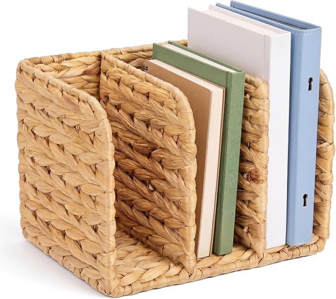 Novabright Water Hyacinth Magazine Holder, Wicker Rattan File Organizer, 3 Vertical Compartments Desktop Paper Sorter for Binders, Notebooks, Envelopes, Woven Boho Office Desk Organizer