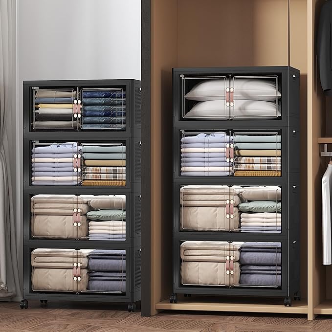 UAMFURI Extra Large Stackable Storage Bins with Lids & Wheels, Foldable Collapsible Closet Organizers Dark Storage Cabinet with Doors for Bedroom Dorm