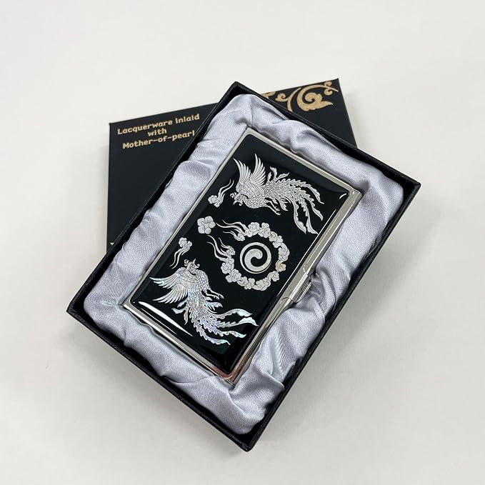 Mother of Pearl Business Card Case Credit Id Name Holder Travel Wallet Art Painting Design Metal Stainless Steel Engraved Slim Purse Pocket Cash Money Wallet (Phoenix)