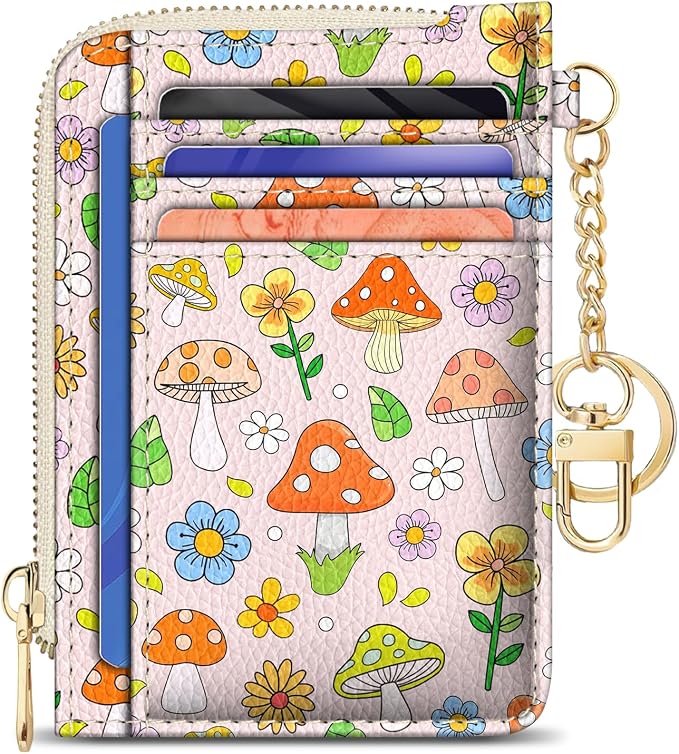 GIANCOMICS Slim Wallet Credit Card Holder Women, Cute Mushroom Rfid Blocking Small Card Case, Keychain Thin Pocket Curved Zipper Wallet, Travel Card Holder PU Leather ID Window, Ladies Female Gifts