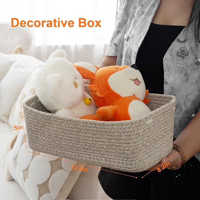 Small Storage Baskets for Organizing, Woven Storage Bins for Shelves, Gift Basket Empty, Cute Decorative Closet Organizer, Baby Rope Basket, Dog Toy Storage, 13.2x8.2x5.2”, 3Packs Mixed Brown