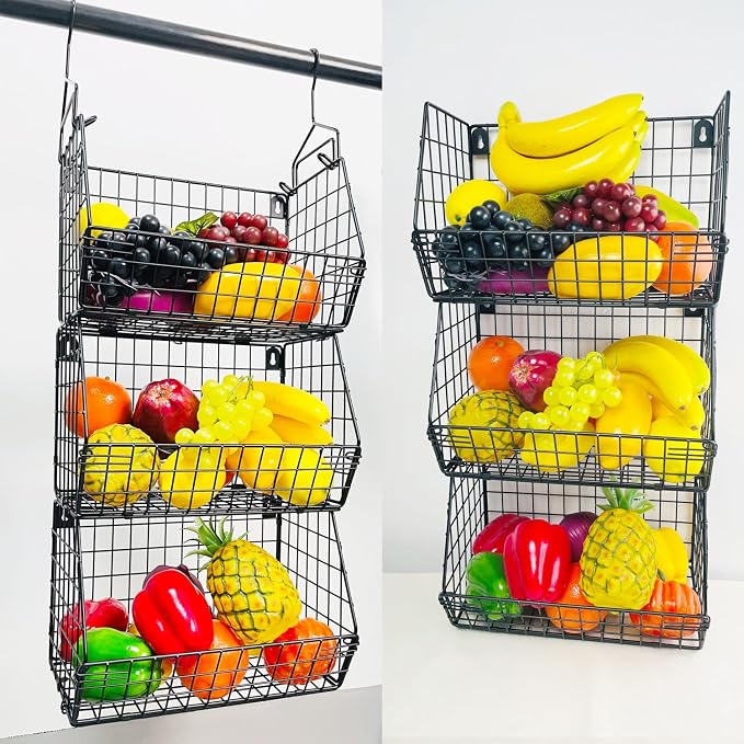 3 Tier Hanging Foldable Wire Baskets Closet Organizer Clothes Shelves Countertop Caddy Bin Wall Mount Shelf Storage Basket for Clothing Handbags Snacks Drinks Fruits