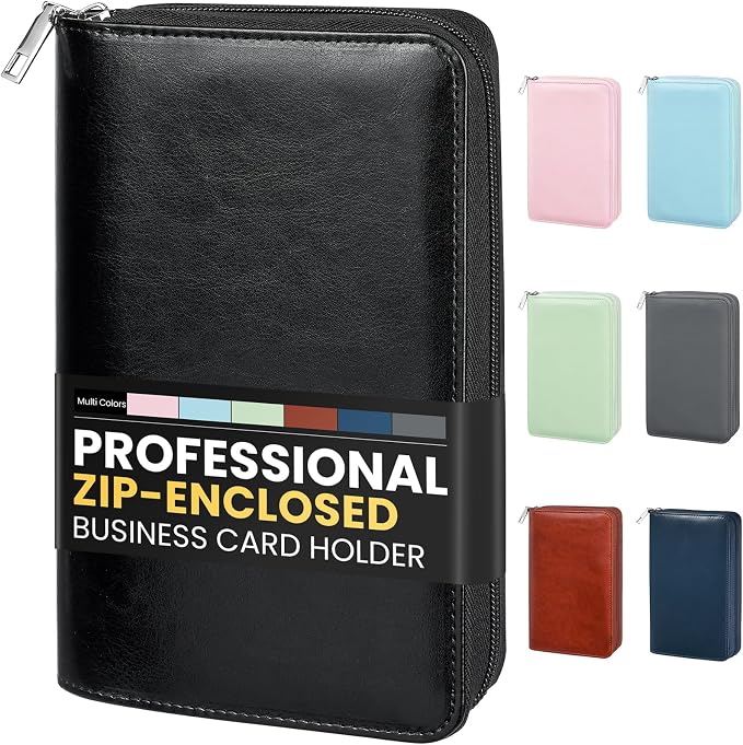 Sooez Zip-Enclosed Business Card Holder Organizer, Professional Credit Card Case Book for Women Men, 240 Capacity, Premium Vegan Leather Gift Card Organizer Storage, 7.87"×4.92"×1.57", Black
