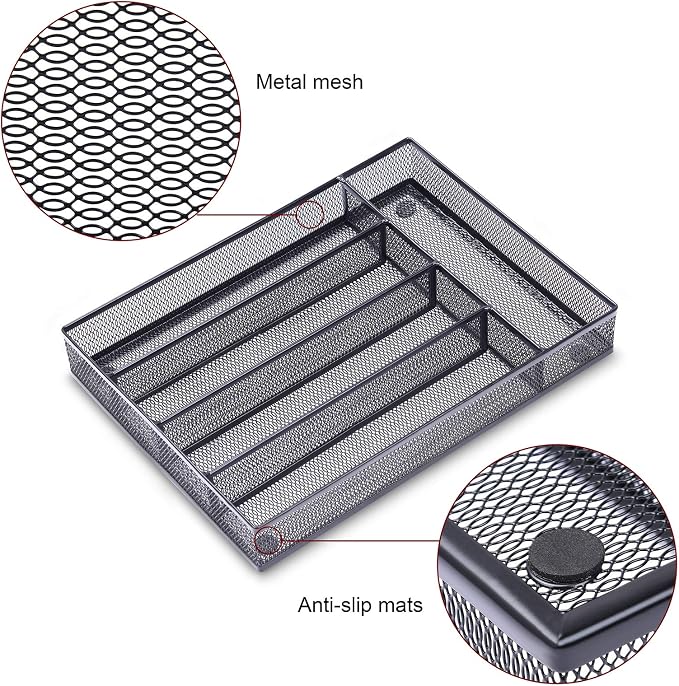 WuGeShop Office Desk Drawer Organizer, 5 Compartments Mesh Drawer Organizer Tray for Storage Art Supplies, Stationery, Black